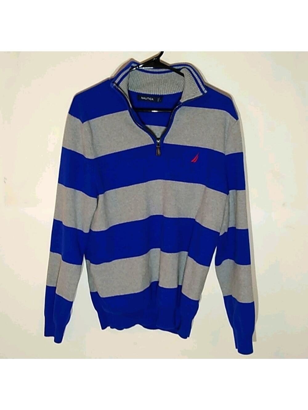 Nautica Men Large Gray Blue Striped sweater. Coastal Vintage Preppy